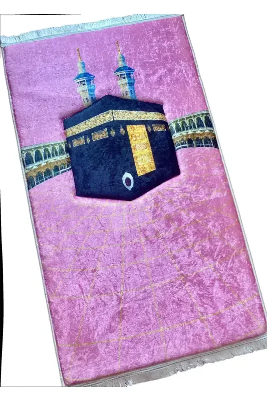3cm Thick Sponge Soft Prayer Rug, Doesn't Hurt Knees, Dowry Gift, Prayer Mat, Foldable (70X120CM)-PINK GOLD KAABA - 3