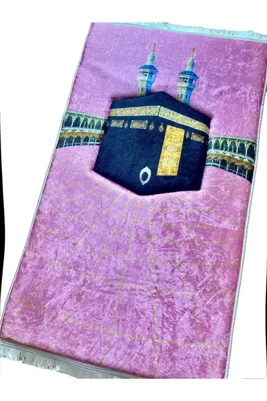 3cm Thick Sponge Soft Prayer Rug, Doesn't Hurt Knees, Dowry Gift, Prayer Mat, Foldable (70X120CM)-PINK GOLD KAABA - 4