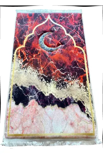 3cm Thick Spongey Soft Crescent Prayer Rug No Knee Pain Dowry Gift Prayer Rug Foldable-RED MARBLE GOLD - 13