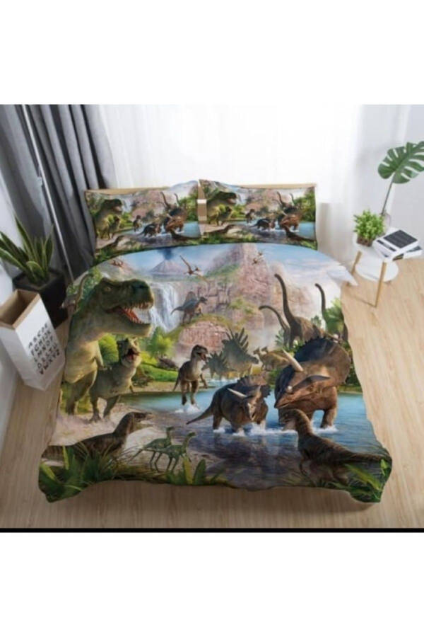 3D CHILD BEDDING SET 160*240cm BROWN GREEN DINOSAUR ANTIBACTERIAL ORGANIC COTTON&SATIN - 10