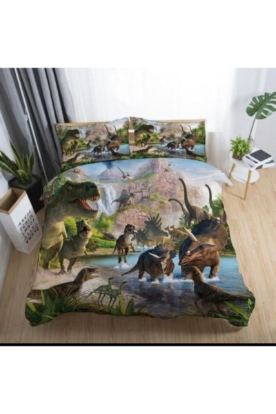 3D CHILD BEDDING SET 160*240cm BROWN GREEN DINOSAUR ANTIBACTERIAL ORGANIC COTTON&SATIN - 1