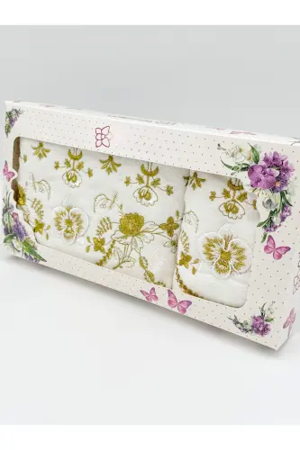 3d Çiçek İşlemeli Kutulu Çeyizlik 1 Adet 50x90 El Yüz Havlusu 1 Adet 30x50 Mutfak Havlu-Altın - 1