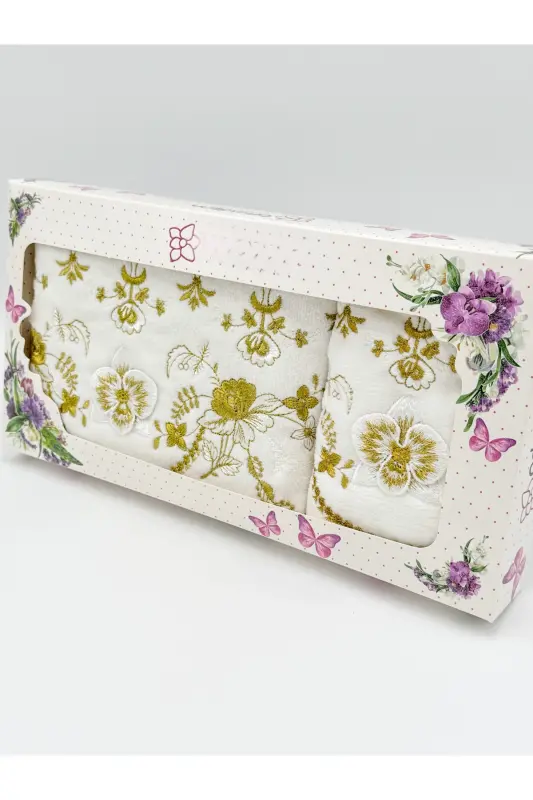 3d Çiçek İşlemeli Kutulu Çeyizlik 1 Adet 50x90 El Yüz Havlusu 1 Adet 30x50 Mutfak Havlu-Altın - 1