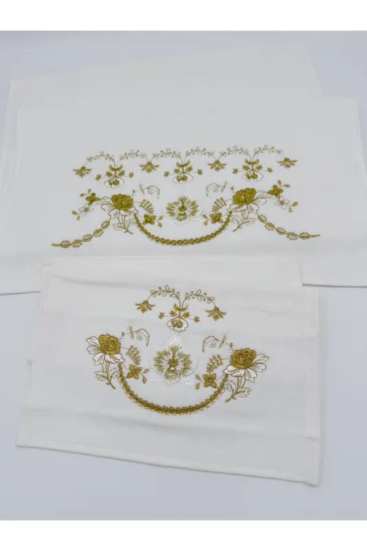 3d Çiçek İşlemeli Kutulu Çeyizlik 1 Adet 50x90 El Yüz Havlusu 1 Adet 30x50 Mutfak Havlu-Altın - 3