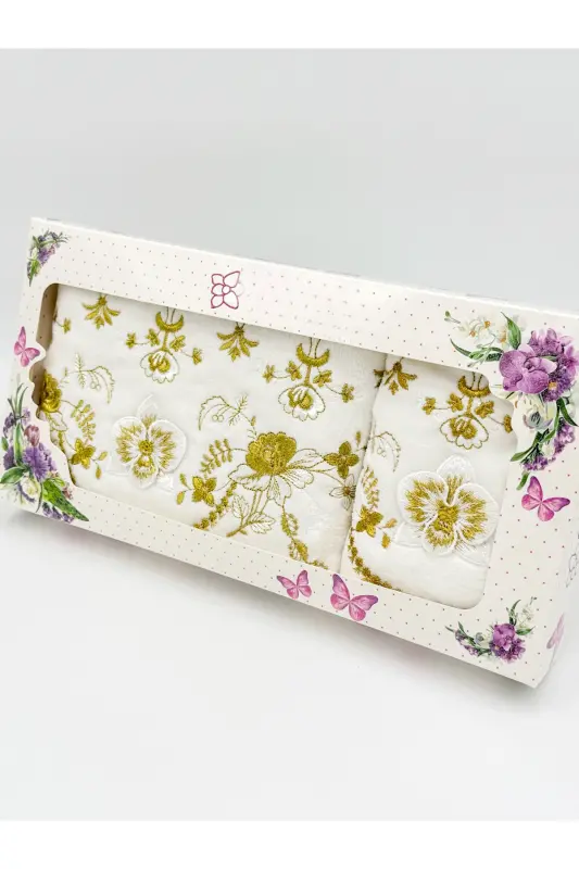 3d Çiçek İşlemeli Kutulu Çeyizlik 1 Adet 50x90 El Yüz Havlusu 1 Adet 30x50 Mutfak Havlu-Altın - 5