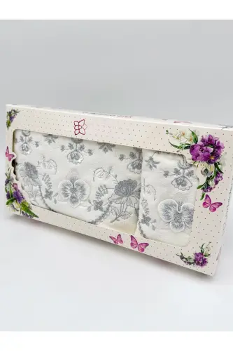 3d Çiçek İşlemeli Kutulu Çeyizlik 1 Adet 50x90 El Yüz Havlusu 1 Adet 30x50 Mutfak Havlu-Gümüş - 1