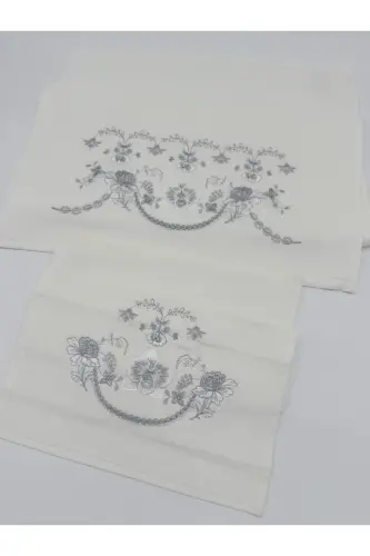 3d Çiçek İşlemeli Kutulu Çeyizlik 1 Adet 50x90 El Yüz Havlusu 1 Adet 30x50 Mutfak Havlu-Gümüş - 5