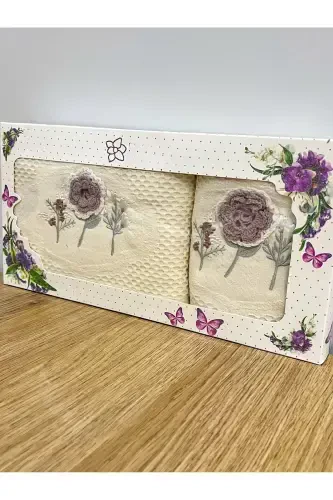3d Çiçek İşlemeli Kutulu Çeyizlik 1 Adet 50x90 El Yüz Havlusu 1 Adet 30x50 Mutfak Havlu-KREM - 1