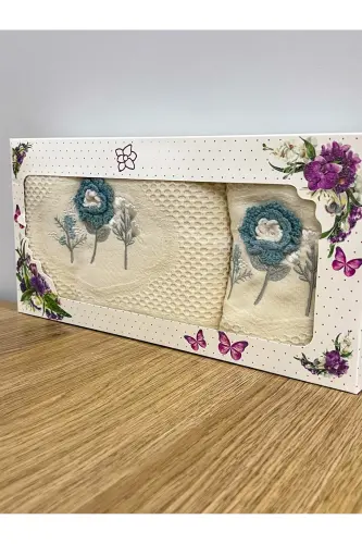 3d Çiçek İşlemeli Kutulu Çeyizlik 1 Adet 50x90 El Yüz Havlusu 1 Adet 30x50 Mutfak Havlu - KREM*MAVİ - 1