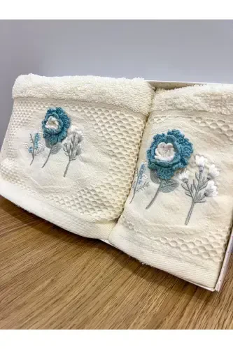 3d Цветок Вышитый Сундук Приданое 1 шт 50x90 Полотенце для рук и лица 1 шт 30x50 Кухонное полотенце-КРЕМ*СИНИЙ - 3