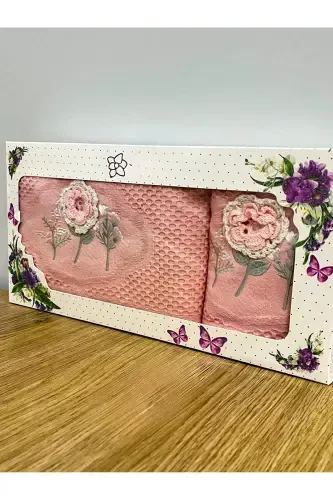 3D Floral Embroidered Boxed Dowry 1 Piece 50x90 Hand Face Towel 1 Piece 30x50 Kitchen Towel-POWDER - 1