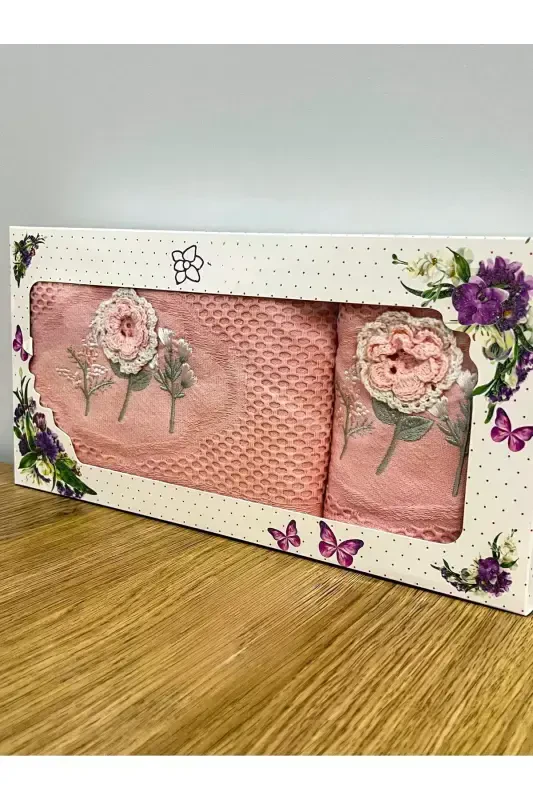3D Floral Embroidered Boxed Dowry 1 Piece 50x90 Hand Face Towel 1 Piece 30x50 Kitchen Towel-POWDER - AYHANHOME