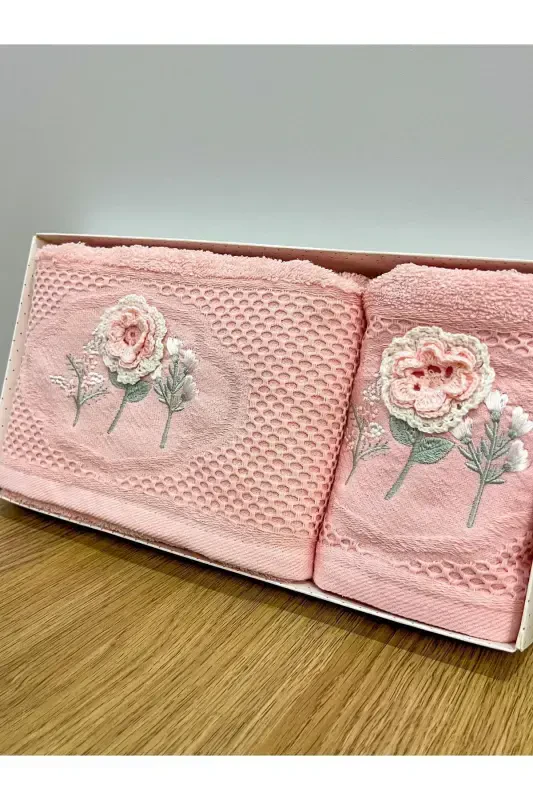 3D Floral Embroidered Boxed Dowry 1 Piece 50x90 Hand Face Towel 1 Piece 30x50 Kitchen Towel-POWDER - 2