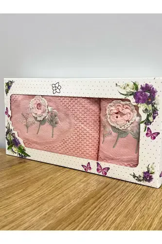 3D Floral Embroidered Boxed Dowry 1 Piece 50x90 Hand Face Towel 1 Piece 30x50 Kitchen Towel-POWDER - 3