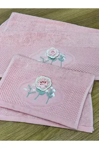 3D Floral Embroidered Boxed Dowry 1 Piece 50x90 Hand Face Towel 1 Piece 30x50 Kitchen Towel-POWDER - 4