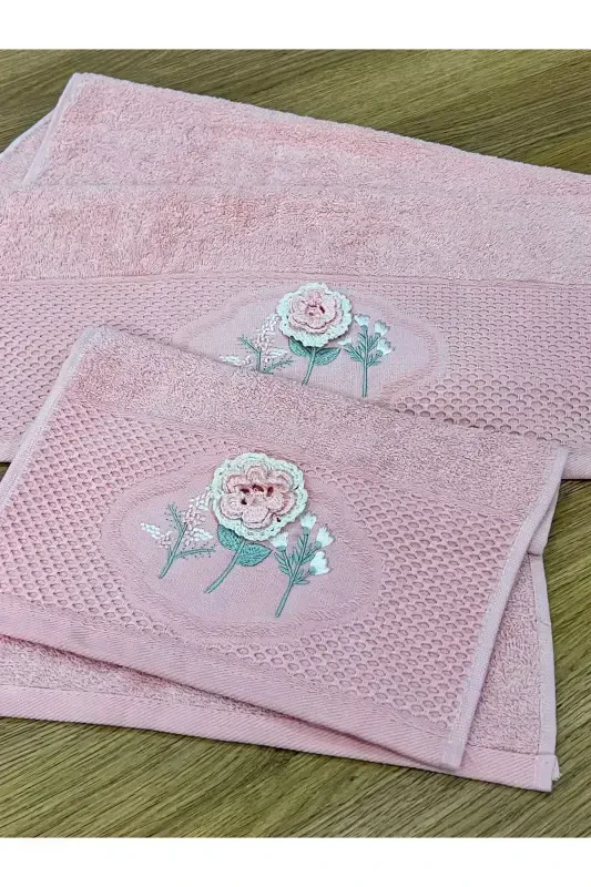 3D Floral Embroidered Boxed Dowry 1 Piece 50x90 Hand Face Towel 1 Piece 30x50 Kitchen Towel-POWDER - 4