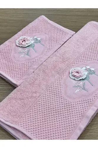 3D Floral Embroidered Boxed Dowry 1 Piece 50x90 Hand Face Towel 1 Piece 30x50 Kitchen Towel-POWDER - 5