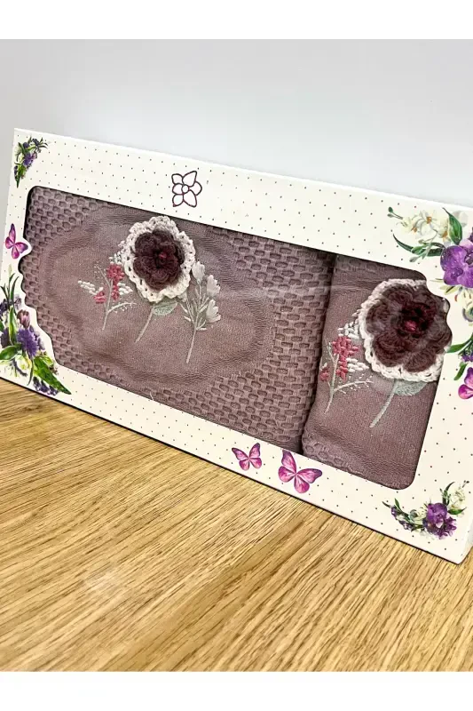 3d Floral Embroidered Boxed Dowry 1 Piece 50x90 Hand Face Towel 1 Piece 30x50 Kitchen Towel-PURPLE - 1