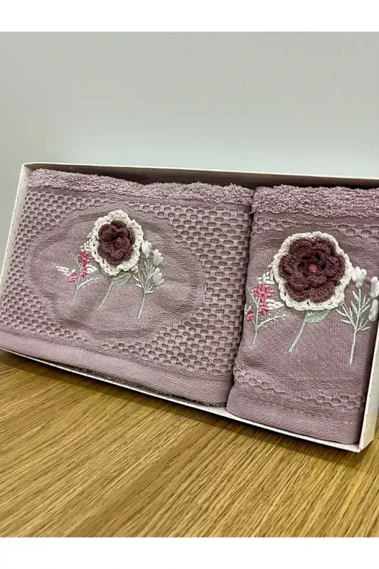 3d Floral Embroidered Boxed Dowry 1 Piece 50x90 Hand Face Towel 1 Piece 30x50 Kitchen Towel-PURPLE - 2