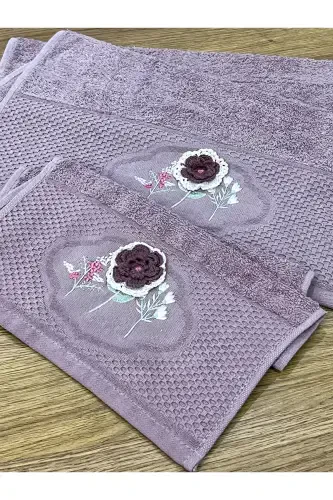3d Floral Embroidered Boxed Dowry 1 Piece 50x90 Hand Face Towel 1 Piece 30x50 Kitchen Towel-PURPLE - 5