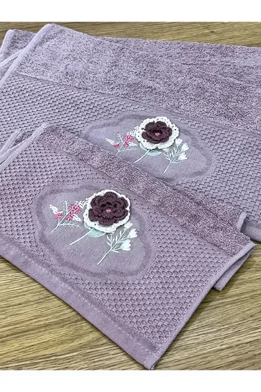 3d Floral Embroidered Boxed Dowry 1 Piece 50x90 Hand Face Towel 1 Piece 30x50 Kitchen Towel-PURPLE - 5