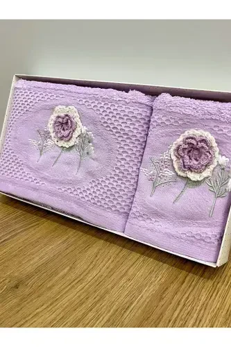 3D Floral Embroidered Boxed Dowry 1 Piece 50x90 Hand Towel 1 Piece 30x50 Kitchen Towel-LILAC - AYHANHOME (1)