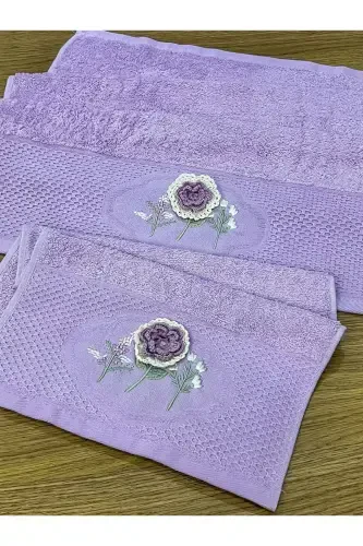 3D Floral Embroidered Boxed Dowry 1 Piece 50x90 Hand Towel 1 Piece 30x50 Kitchen Towel-LILAC - 4