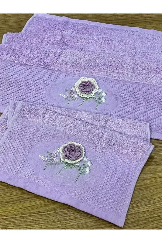3D Floral Embroidered Boxed Dowry 1 Piece 50x90 Hand Towel 1 Piece 30x50 Kitchen Towel-LILAC - 4