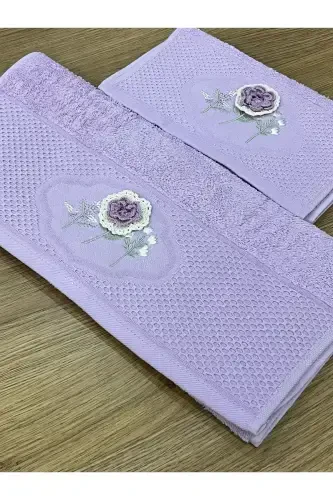 3D Floral Embroidered Boxed Dowry 1 Piece 50x90 Hand Towel 1 Piece 30x50 Kitchen Towel-LILAC - 5