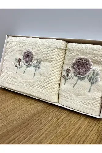 3D Floral Embroidered Boxed Dowry Set 1 Piece 50x90 Hand Face Towel 1 Piece 30x50 Kitchen Towel-CREAM - AYHANHOME (1)