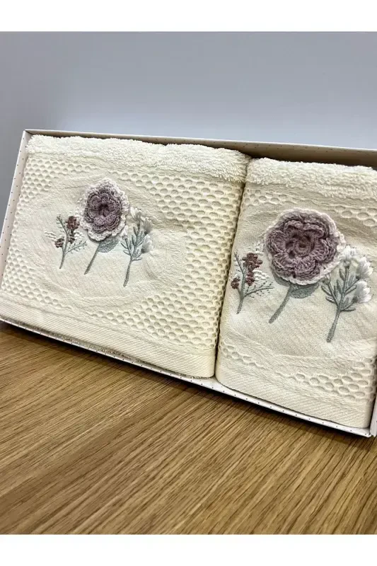 3D Floral Embroidered Boxed Dowry Set 1 Piece 50x90 Hand Face Towel 1 Piece 30x50 Kitchen Towel-CREAM - 2
