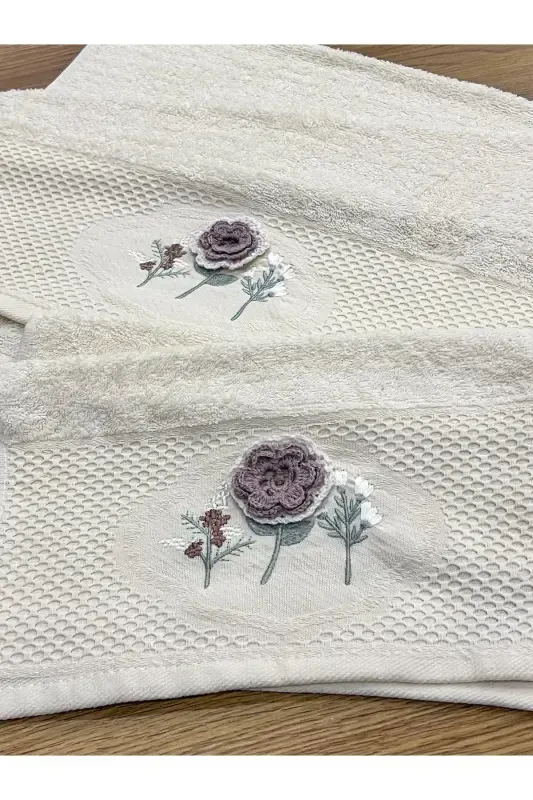 3D Floral Embroidered Boxed Dowry Set 1 Piece 50x90 Hand Face Towel 1 Piece 30x50 Kitchen Towel-CREAM - 3