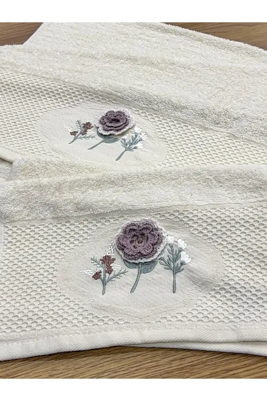 3D Flower Embroidered Boxed Dowry 1 Piece 50x90 Hand and Face Towel 1 Piece 30x50 Kitchen Towel - CREAM - 3