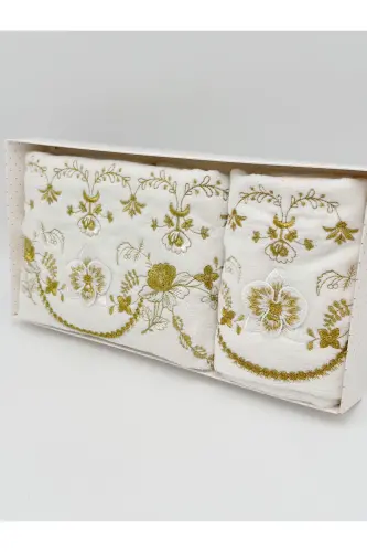 3D Flower Embroidered Boxed Dowry 1 Piece 50x90 Hand Face Towel 1 Piece 30x50 Kitchen Towel - Gold - 2