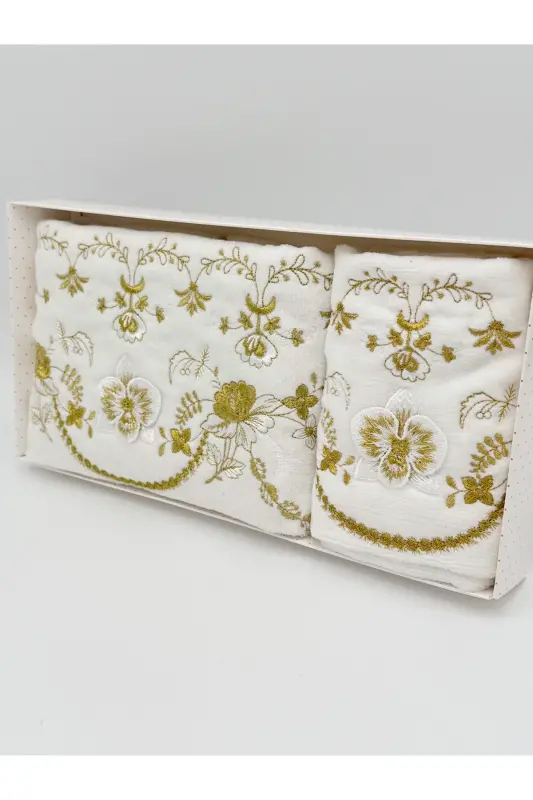 3D Flower Embroidered Boxed Dowry 1 Piece 50x90 Hand Face Towel 1 Piece 30x50 Kitchen Towel - Gold - 2