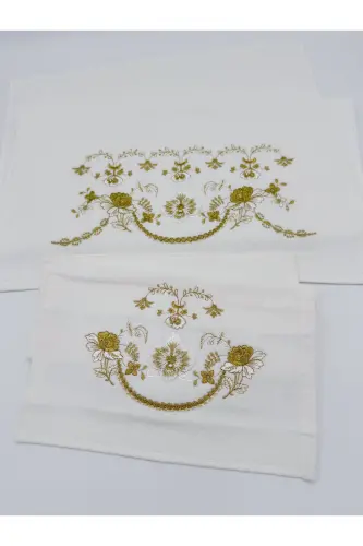 3D Flower Embroidered Boxed Dowry 1 Piece 50x90 Hand Face Towel 1 Piece 30x50 Kitchen Towel - Gold - 3