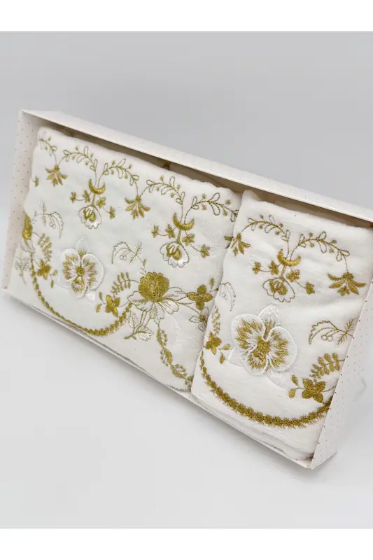 3D Flower Embroidered Boxed Dowry 1 Piece 50x90 Hand Face Towel 1 Piece 30x50 Kitchen Towel - Gold - 4