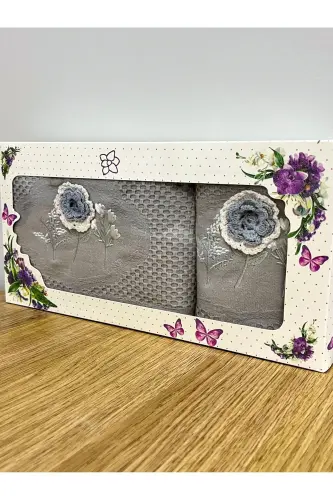 3D Flower Embroidered Boxed Dowry 1 Piece 50x90 Hand Face Towel 1 Piece 30x50 Kitchen Towel - GRAY - 3