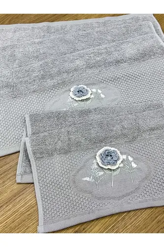 3D Flower Embroidered Boxed Dowry 1 Piece 50x90 Hand Face Towel 1 Piece 30x50 Kitchen Towel - GRAY - 4