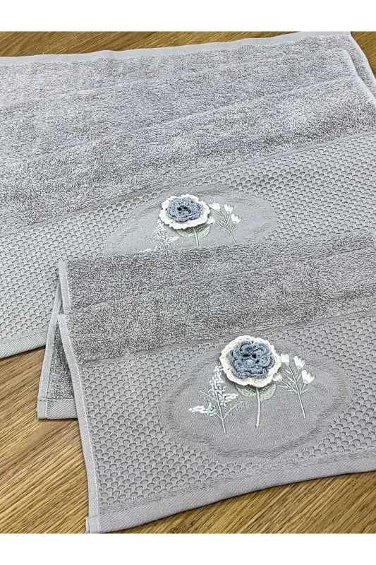 3D Flower Embroidered Boxed Dowry 1 Piece 50x90 Hand Face Towel 1 Piece 30x50 Kitchen Towel - GRAY - 4