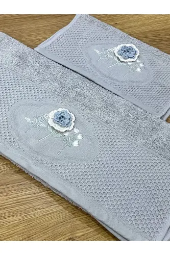 3D Flower Embroidered Boxed Dowry 1 Piece 50x90 Hand Face Towel 1 Piece 30x50 Kitchen Towel - GRAY - 6