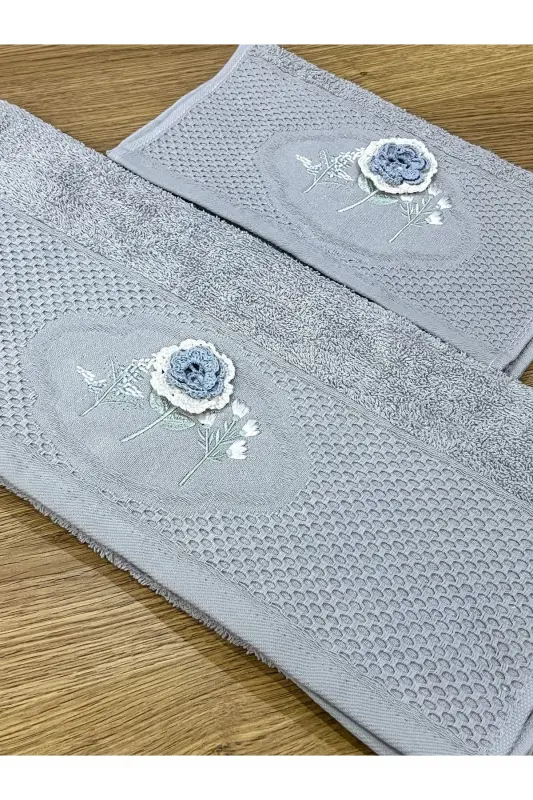 3D Flower Embroidered Boxed Dowry 1 Piece 50x90 Hand Face Towel 1 Piece 30x50 Kitchen Towel - GRAY - 6