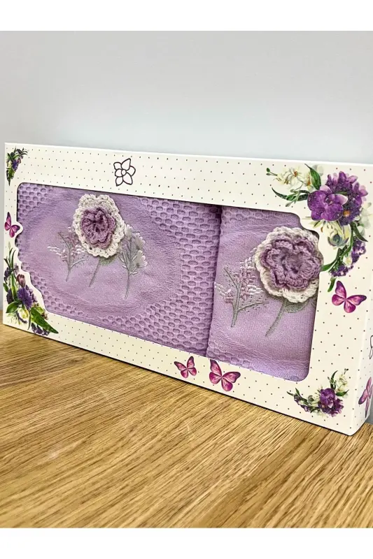 3D Flower Embroidered Boxed Dowry 1 Piece 50x90 Hand Face Towel 1 Piece 30x50 Kitchen Towel - LILAC - 1