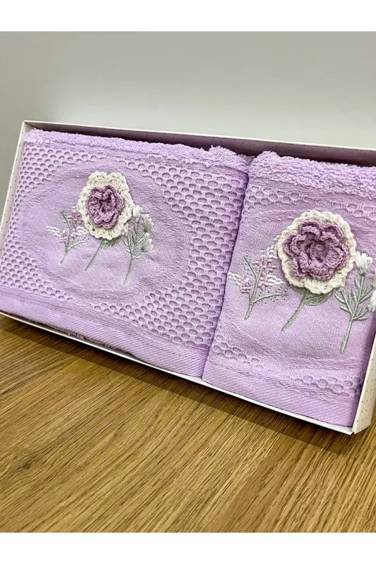 3D Flower Embroidered Boxed Dowry 1 Piece 50x90 Hand Face Towel 1 Piece 30x50 Kitchen Towel - LILAC - 2