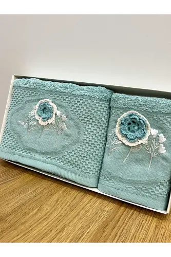 3D Flower Embroidered Boxed Dowry 1 Piece 50x90 Hand Face Towel 1 Piece 30x50 Kitchen Towel - PETROL BLUE - 2