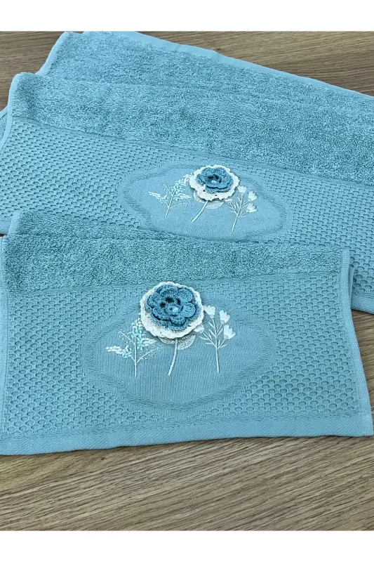 3D Flower Embroidered Boxed Dowry 1 Piece 50x90 Hand Face Towel 1 Piece 30x50 Kitchen Towel - PETROL BLUE - 3
