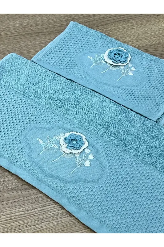 3D Flower Embroidered Boxed Dowry 1 Piece 50x90 Hand Face Towel 1 Piece 30x50 Kitchen Towel - PETROL BLUE - 5