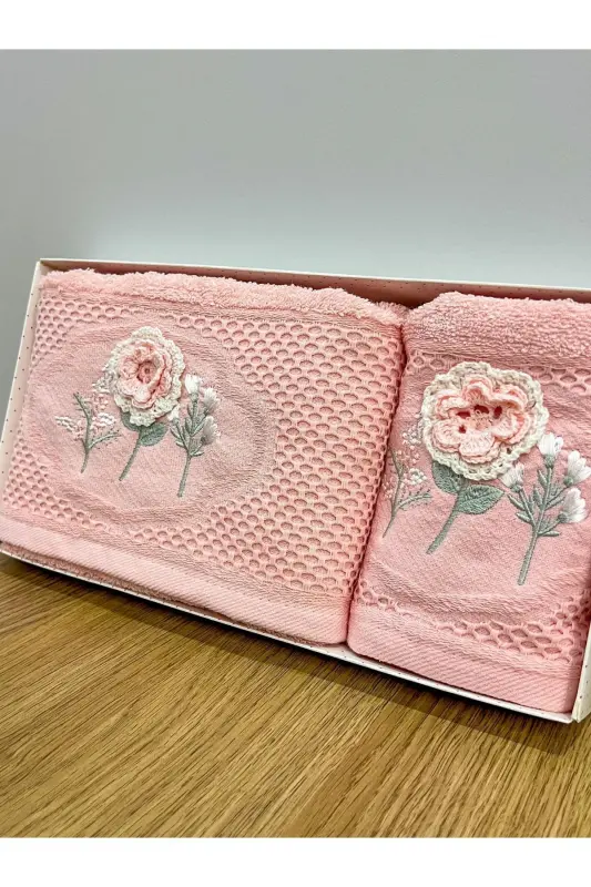 3D Flower Embroidered Boxed Dowry 1 Piece 50x90 Hand Face Towel 1 Piece 30x50 Kitchen Towel - POWDER - 2