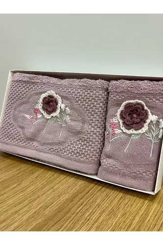 3D Flower Embroidered Boxed Dowry 1 Piece 50x90 Hand Face Towel 1 Piece 30x50 Kitchen Towel - PURPLE - 2