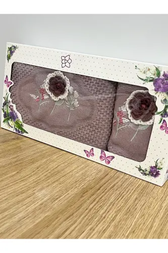 3D Flower Embroidered Boxed Dowry 1 Piece 50x90 Hand Face Towel 1 Piece 30x50 Kitchen Towel - PURPLE - 3